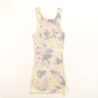 women's raw-edge tank top in cream with muted pink and blue tie-dye splotches