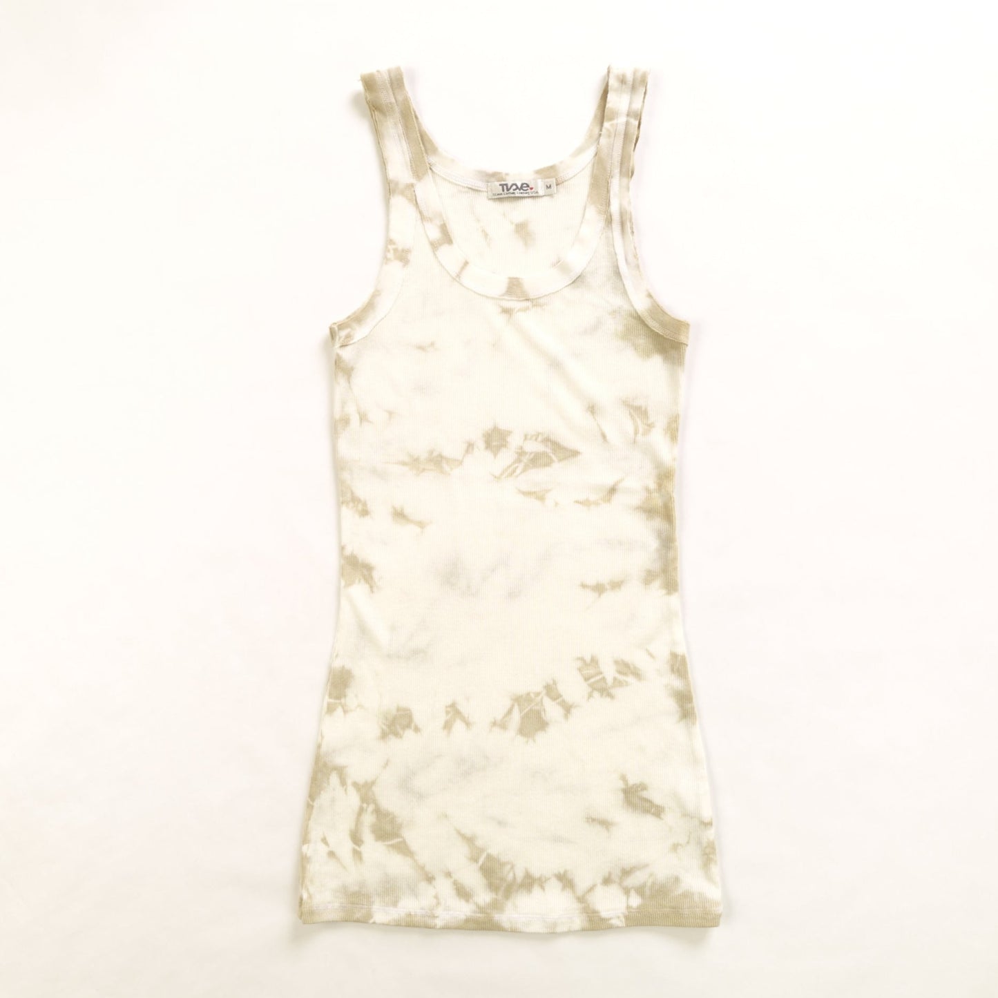 women's raw-edge tank top in white with tan tie-dye splotches