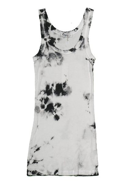 women's raw-edge tank top in white with black tie-dye splotches