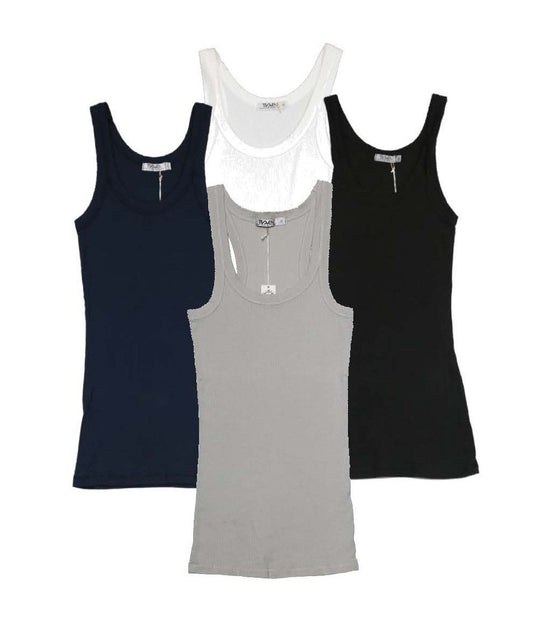 women's raw-edge tank top in white, gray, black, and navy