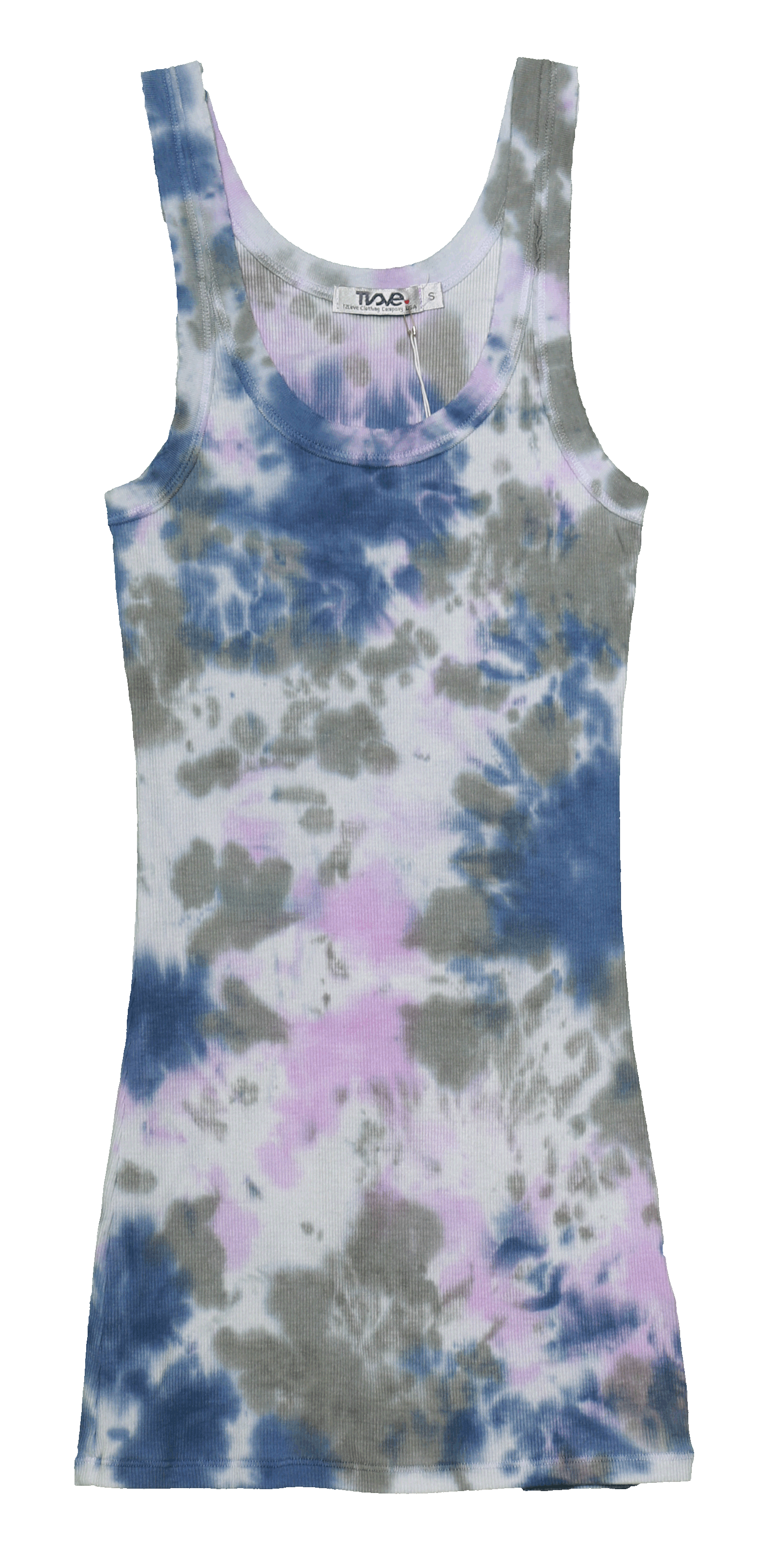 women's denim blue-gray-pink tie-dye raw-edge tank top