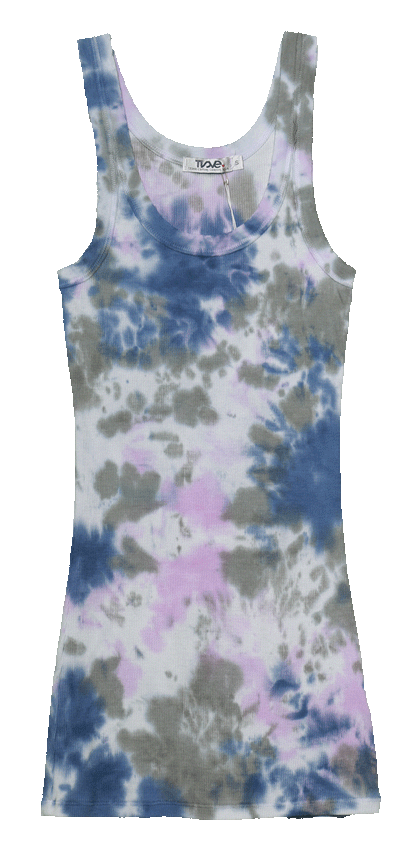 women's denim blue-gray-pink tie-dye raw-edge tank top