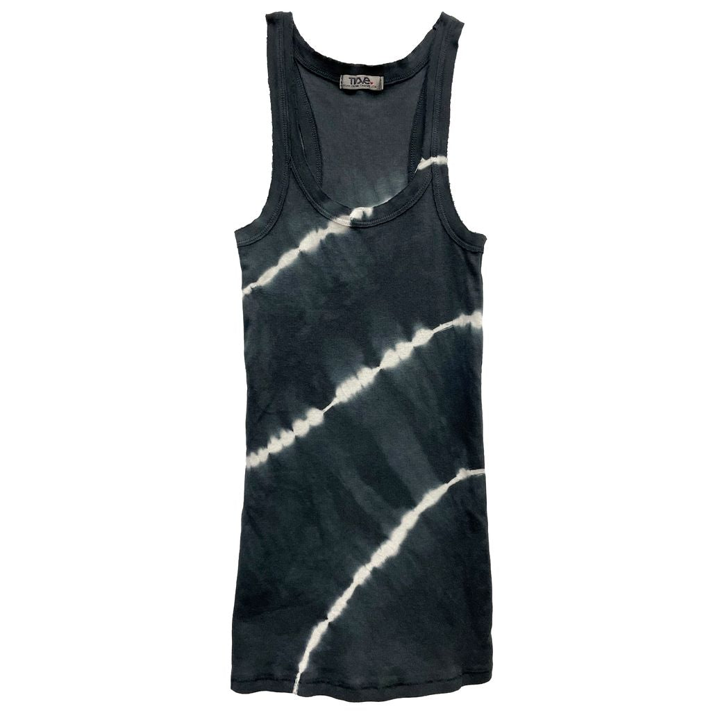 women's raw-edge tank top in black with white diagonal tie-dye lines