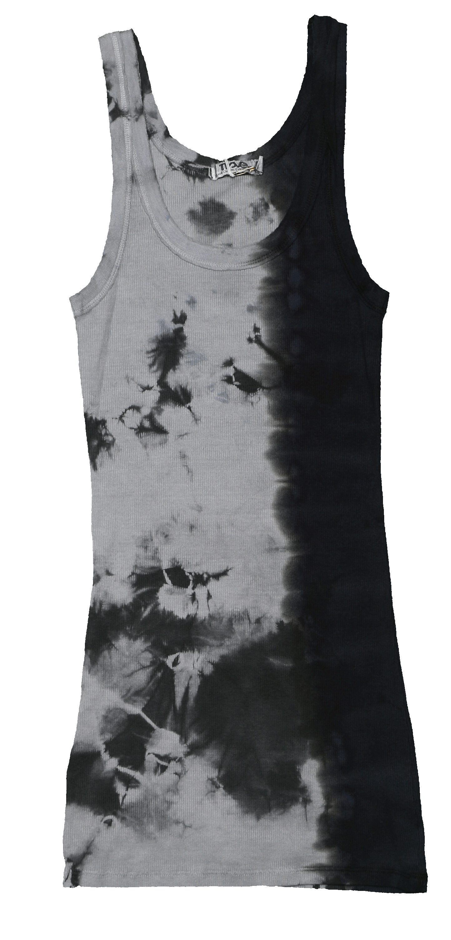 women's raw-edge tank top in gray with black splotches and black dip tie-dye on the left side