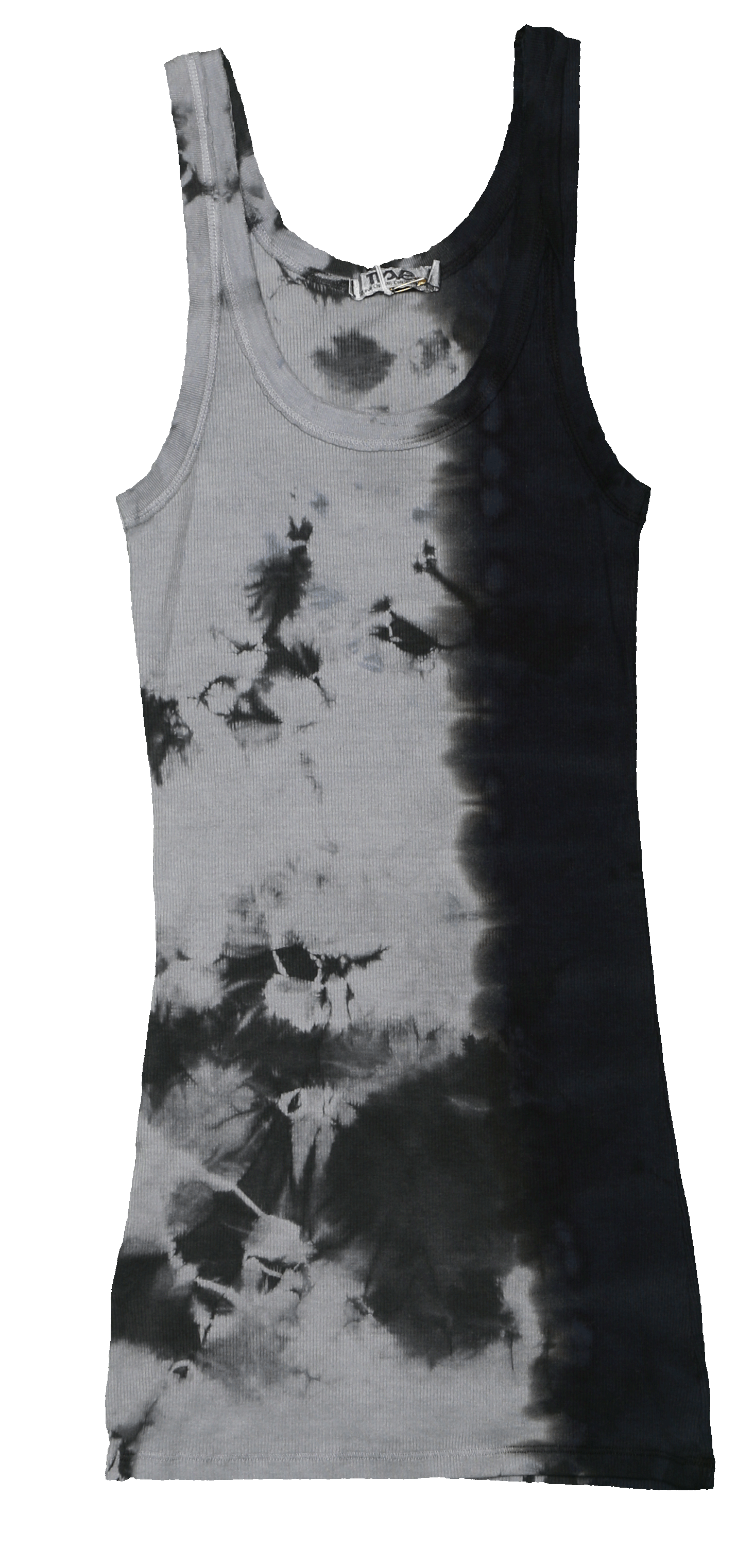 women's raw-edge tank top in gray with black splotches and black dip tie-dye on the left side