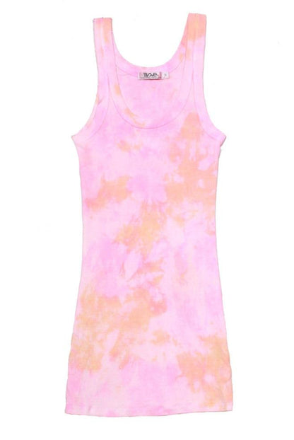 women's raw-edge tank top in pink with orange tie-dye splotches