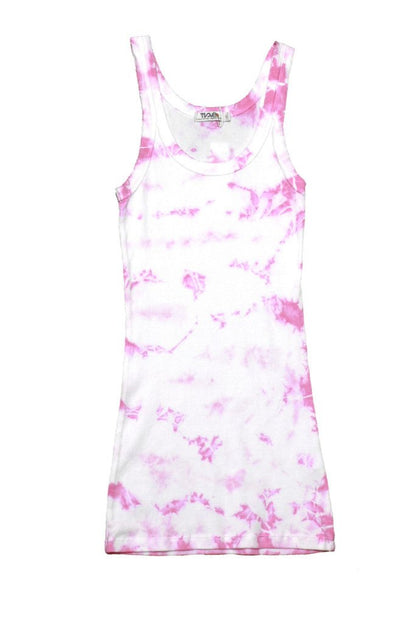 women's raw-edge tank top in white with pink tie-dye splotches