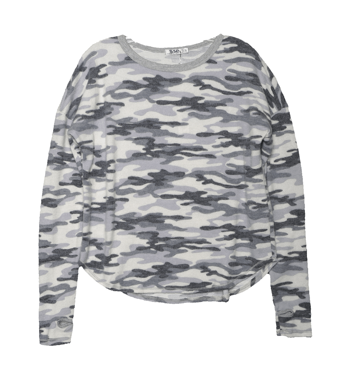 looser-fit women's long sleeve shirt in dark gray, gray, light gray, and extremely light gray camouflage-patterned fabric with round bottom and thumbholes at the end of the sleeves