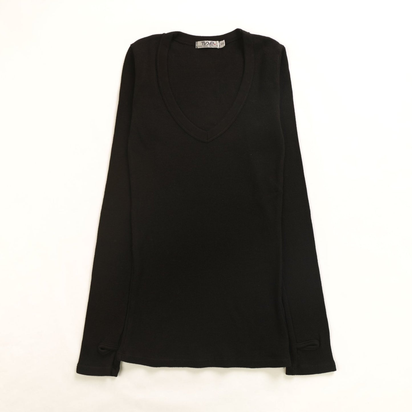 women's black thermal fabric v-neck shirt with long sleeves and thumbholes at the end