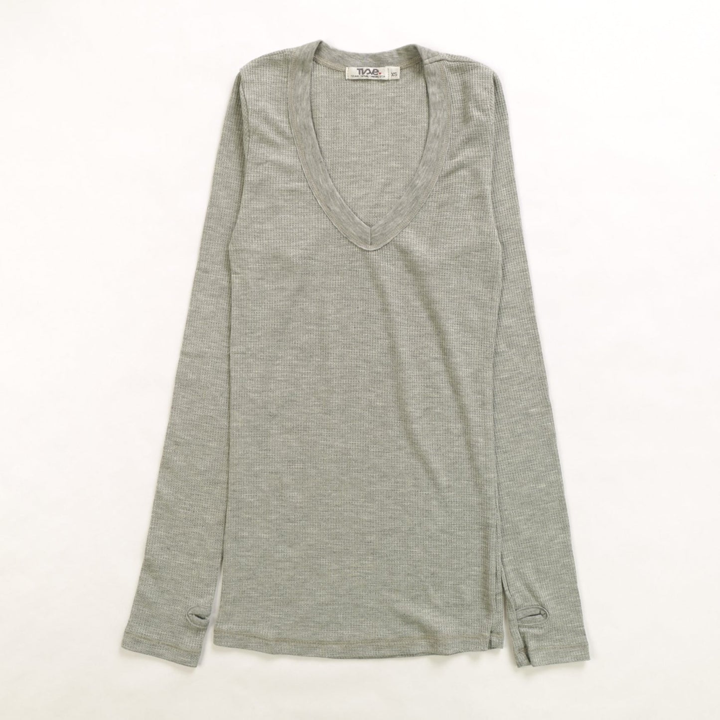 women's light gray thermal fabric v-neck shirt with long sleeves and thumbholes at the end