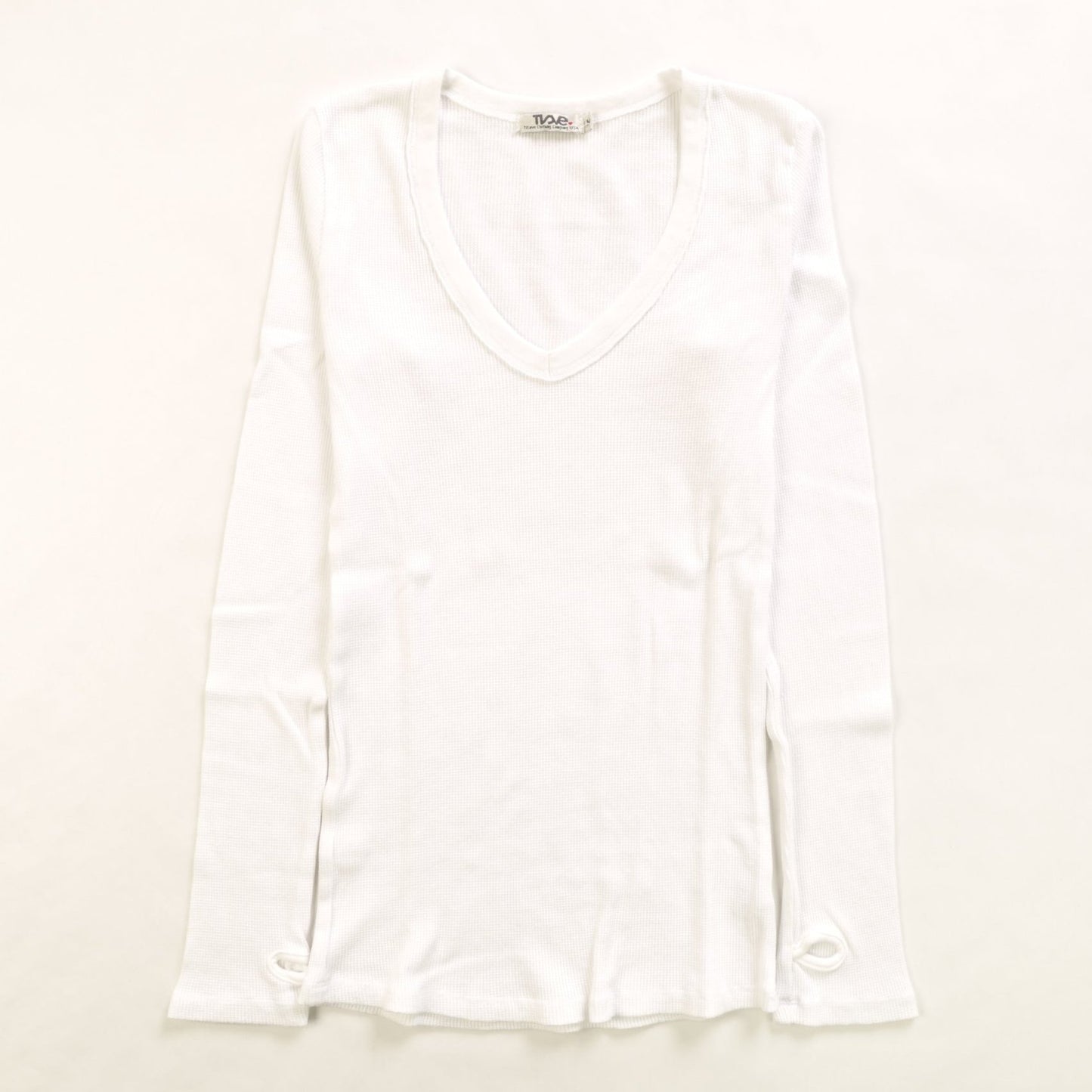 women's white thermal fabric v-neck shirt with long sleeves and thumbholes at the end