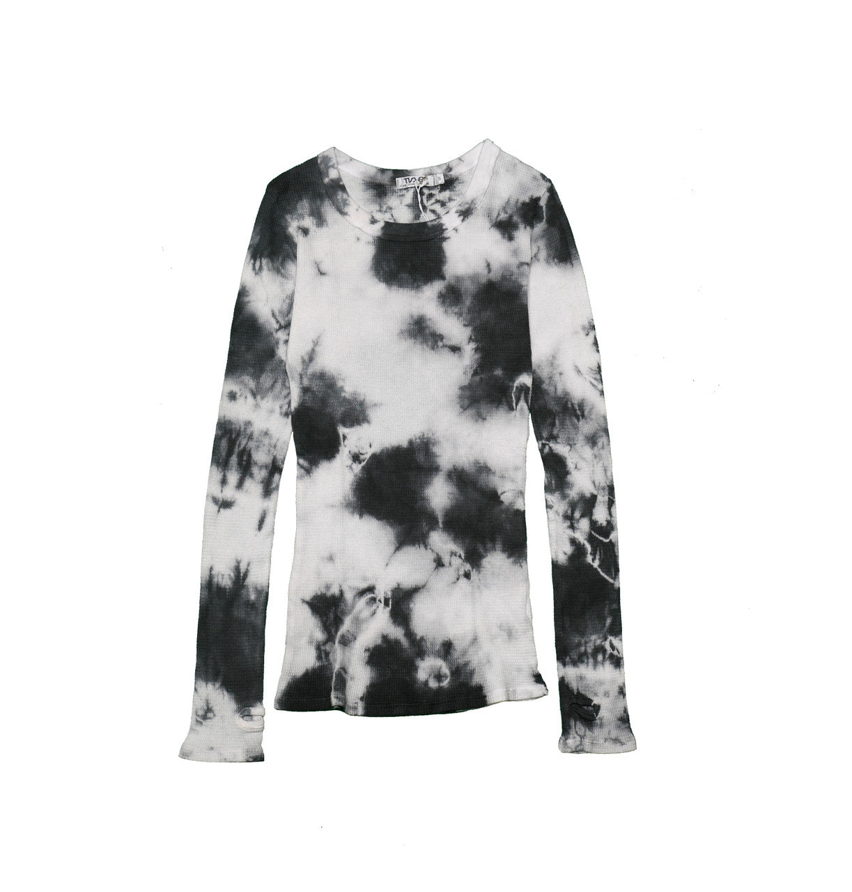 women's black splotches tie-dye on white thermal fabric shirt with long sleeves and thumbholes at the end