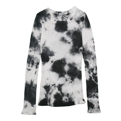 women's black splotches tie-dye on white thermal fabric shirt with long sleeves and thumbholes at the end