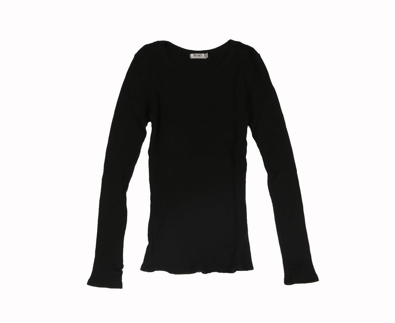 women's black thermal fabric shirt with long sleeves and thumbholes at the end