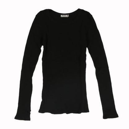 women's black thermal fabric shirt with long sleeves and thumbholes at the end
