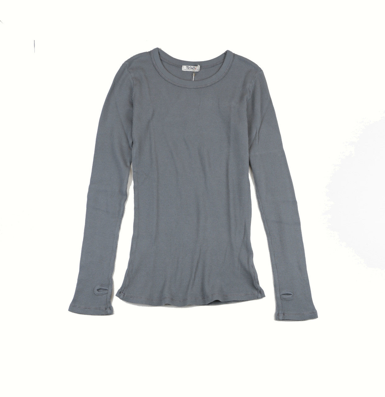 women's gray thermal fabric shirt with long sleeves and thumbholes at the end