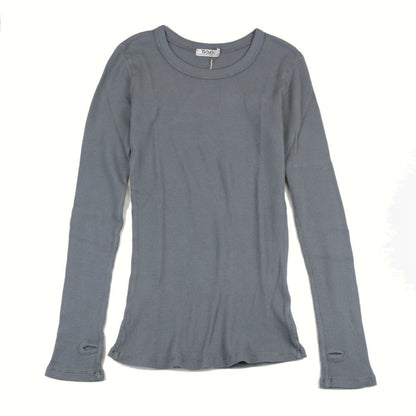 women's gray thermal fabric shirt with long sleeves and thumbholes at the end