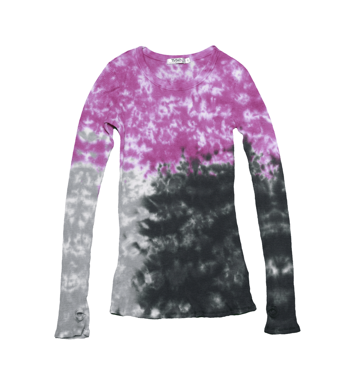 women's magenta tie-dye splotches on top half of the torso and sleeves, gray tie-dye splotches on the bottom-half of the right sleeve and right bottom-half of the torso, and dark gray tie-dye splotches on the bottom-half of the left sleeve and left-bottom of the torso on white thermal fabric shirt with long sleeves and thumbholes at the end