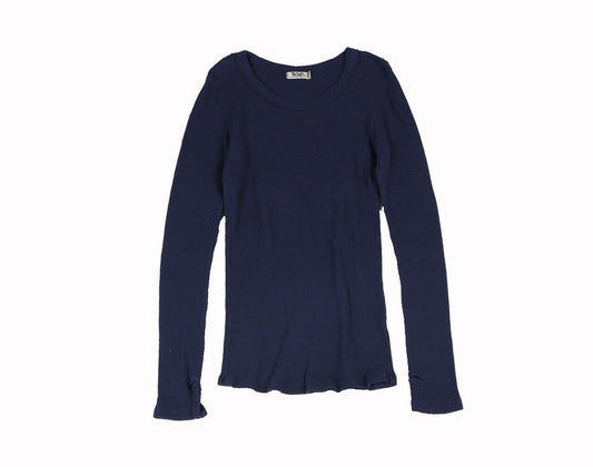 women's navy thermal fabric shirt with long sleeves and thumbholes at the end