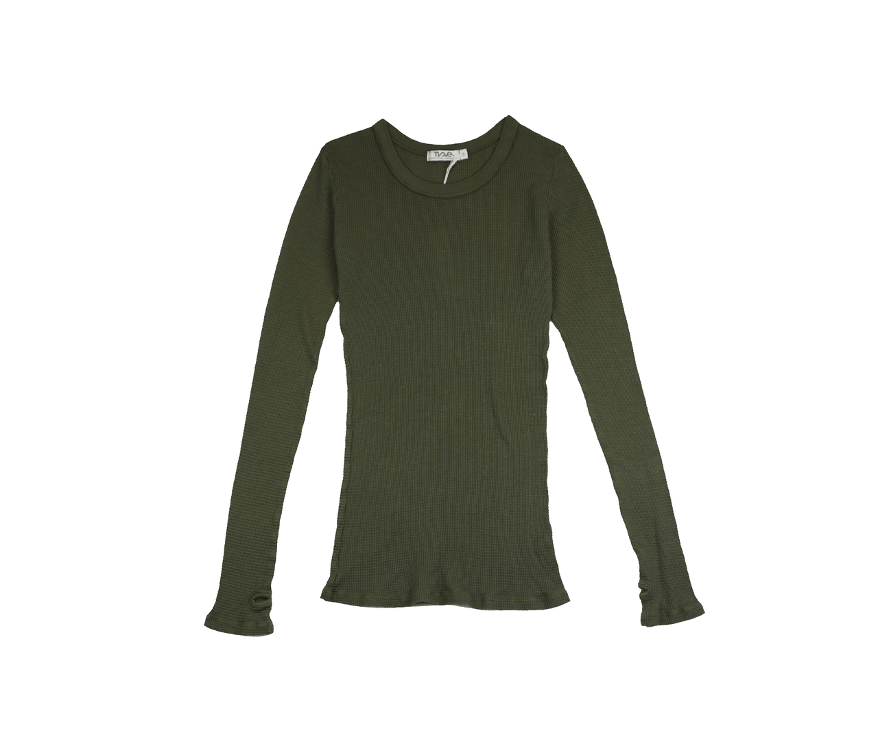 women's olive thermal fabric shirt with long sleeves and thumbholes at the end