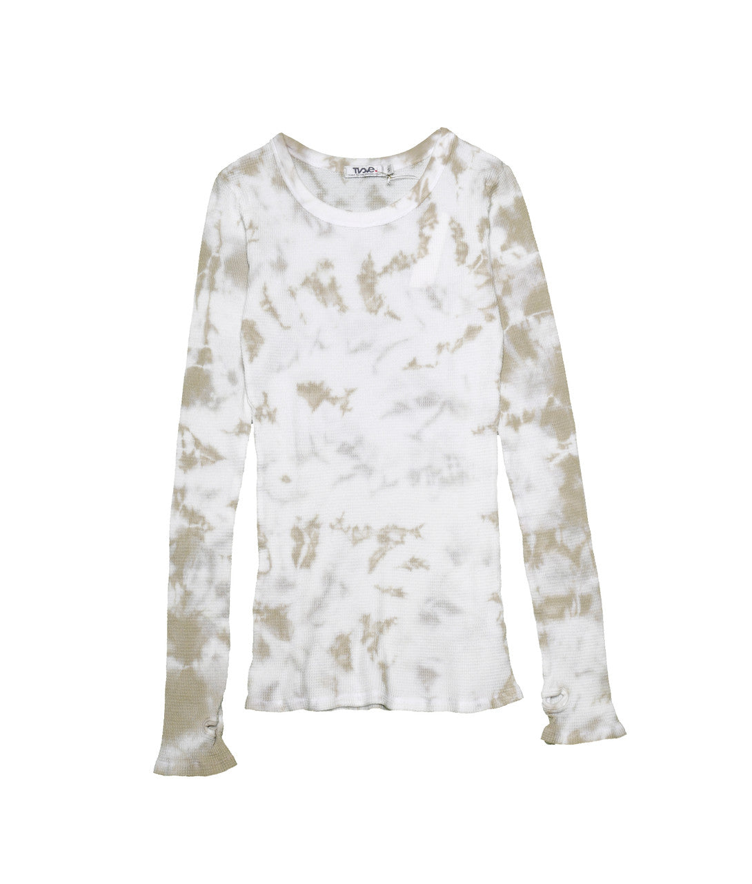 women's tan splotches tie-dye on white thermal fabric shirt with long sleeves and thumbholes at the end