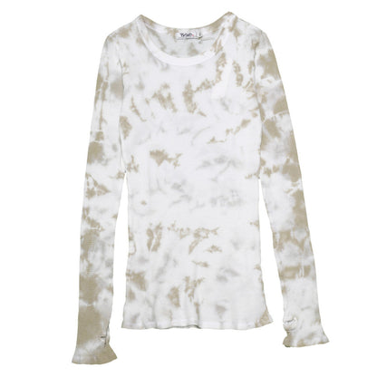 women's tan splotches tie-dye on white thermal fabric shirt with long sleeves and thumbholes at the end