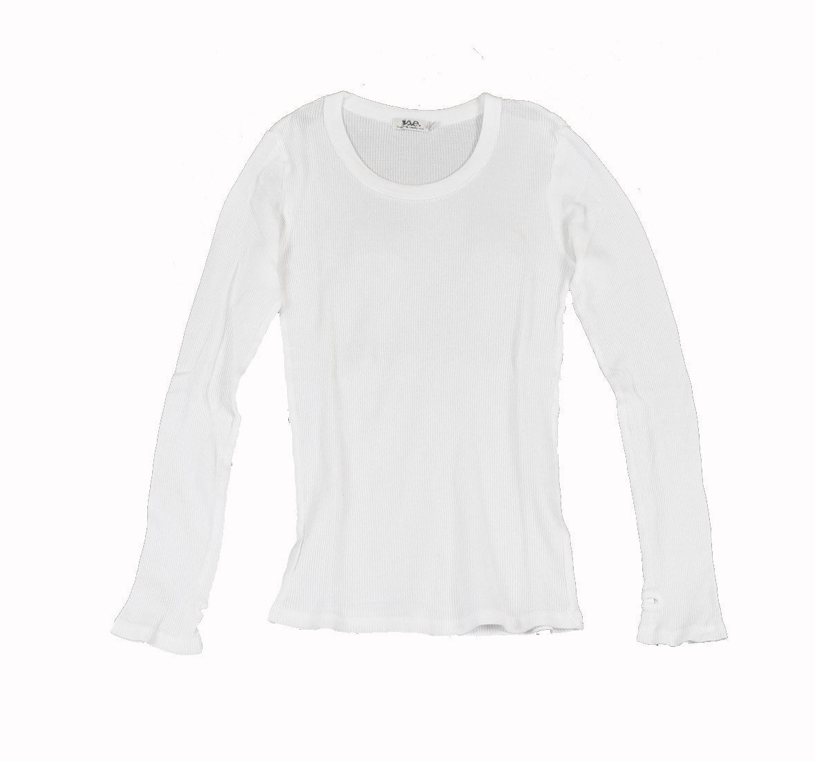 women's white thermal fabric shirt with long sleeves and thumbholes at the end