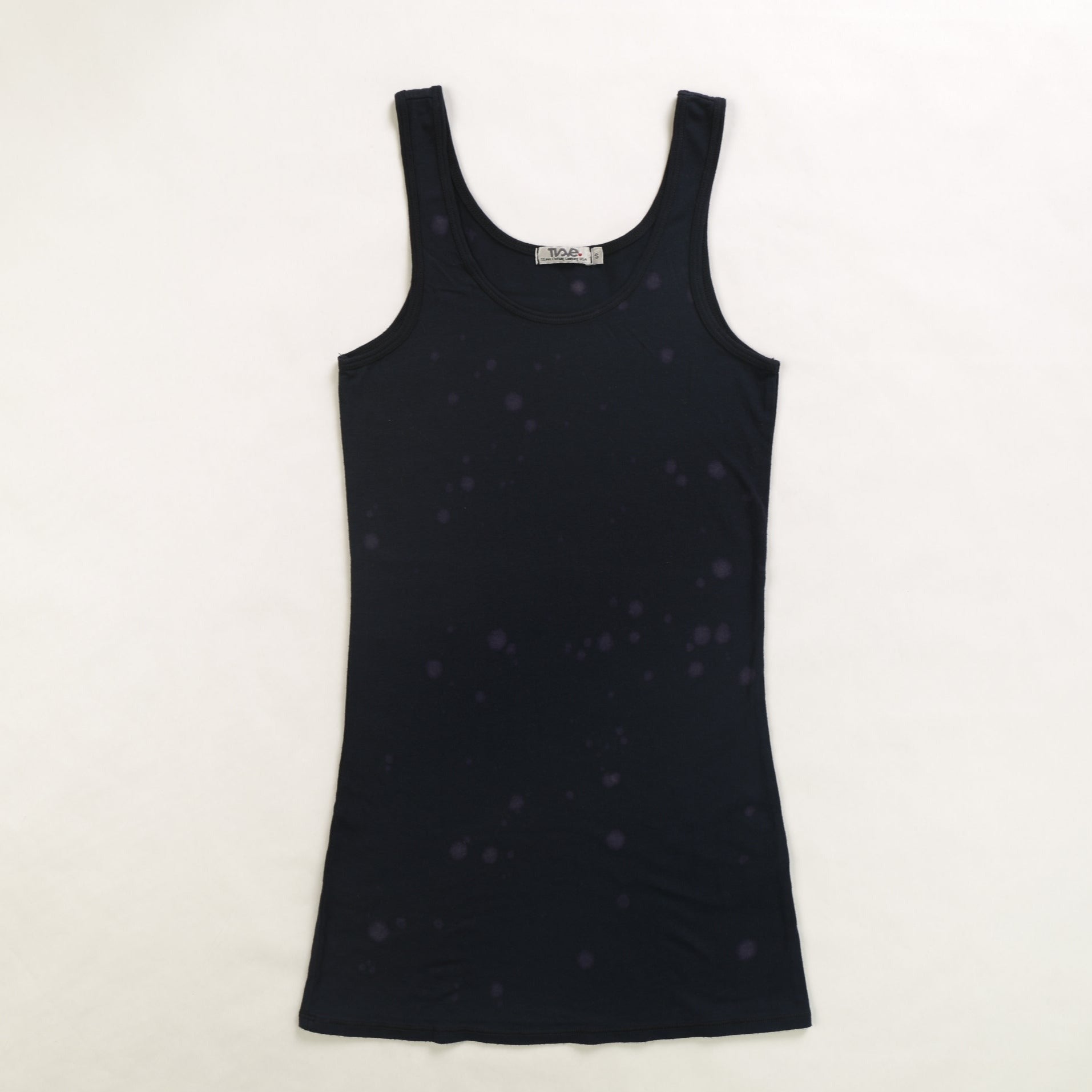 women's navy with lighter navy blue spots tie-dye looser-fitting tank with broader straps