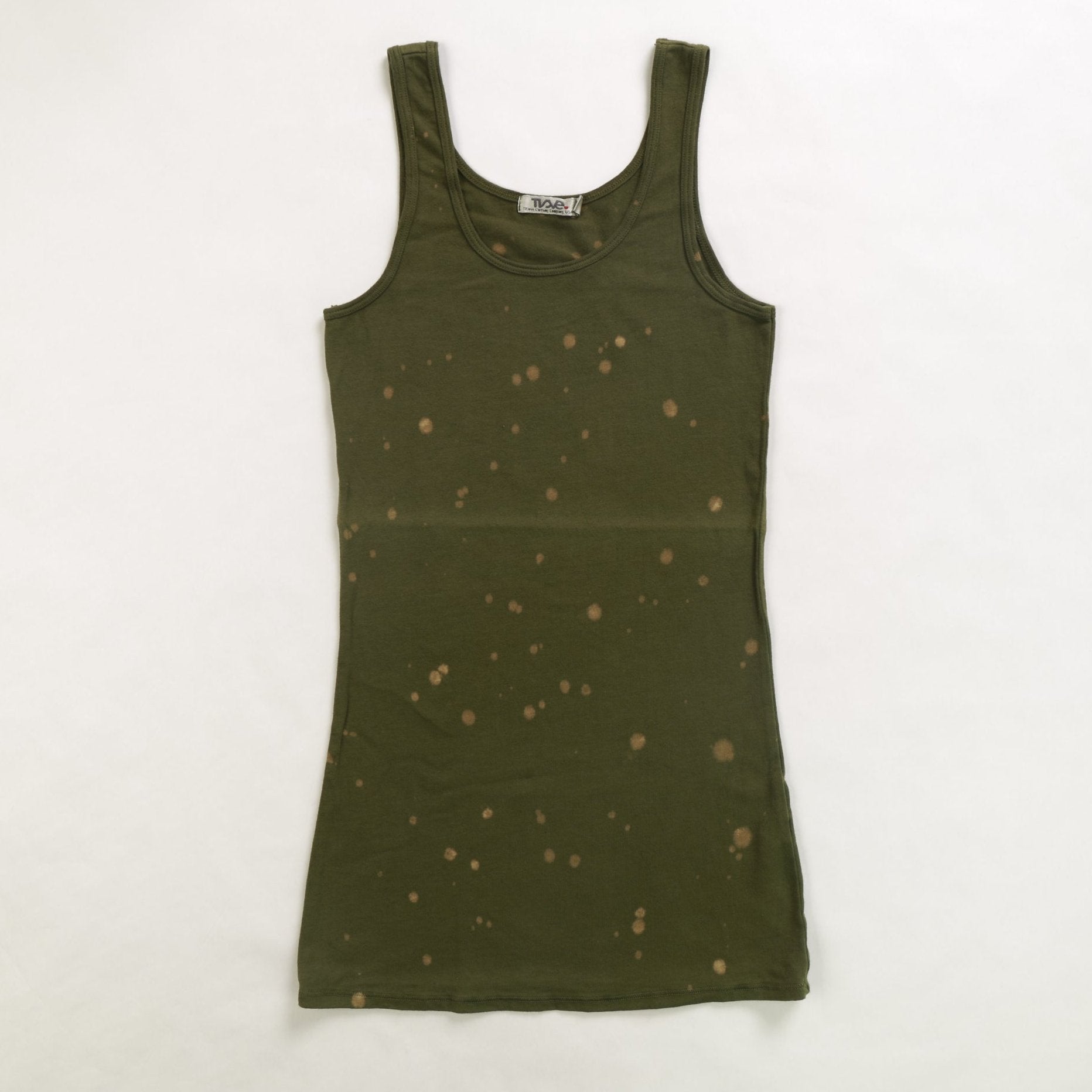 women's olive with lighter olive tie-dye spots looser-fitting tank with broader straps