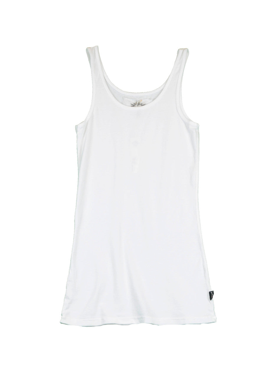 women's white looser-fitting tank with broader straps