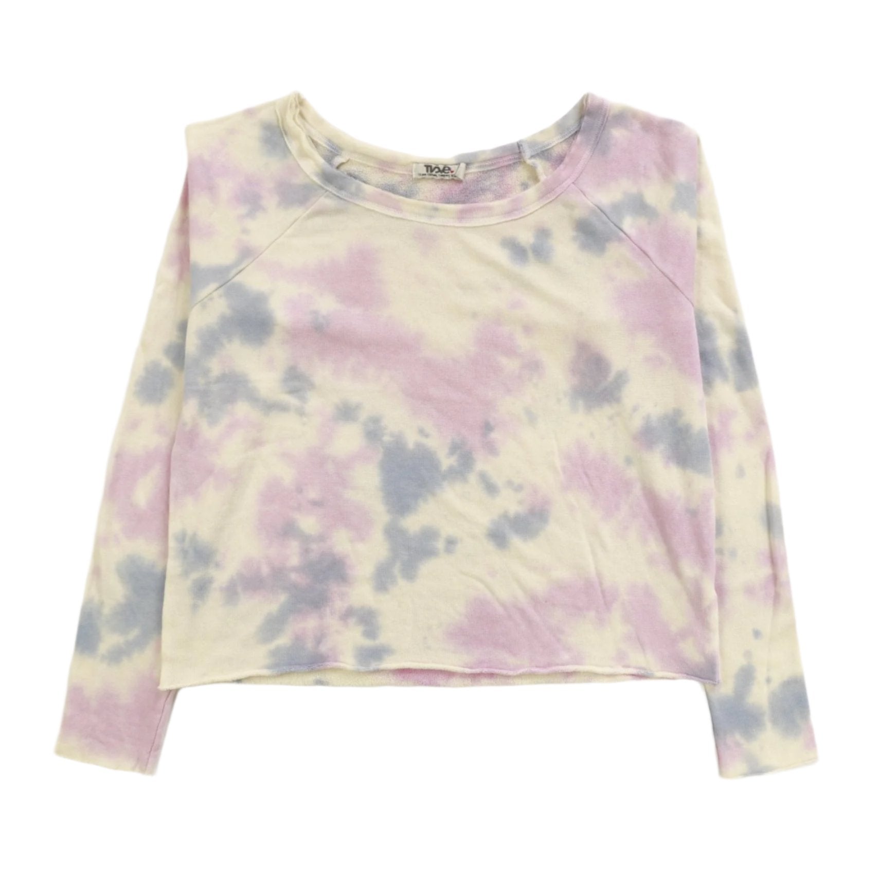 women's pink and blue tie-dye splotches on cream loose-fitting raglan fleece fabric long-sleeve shirt