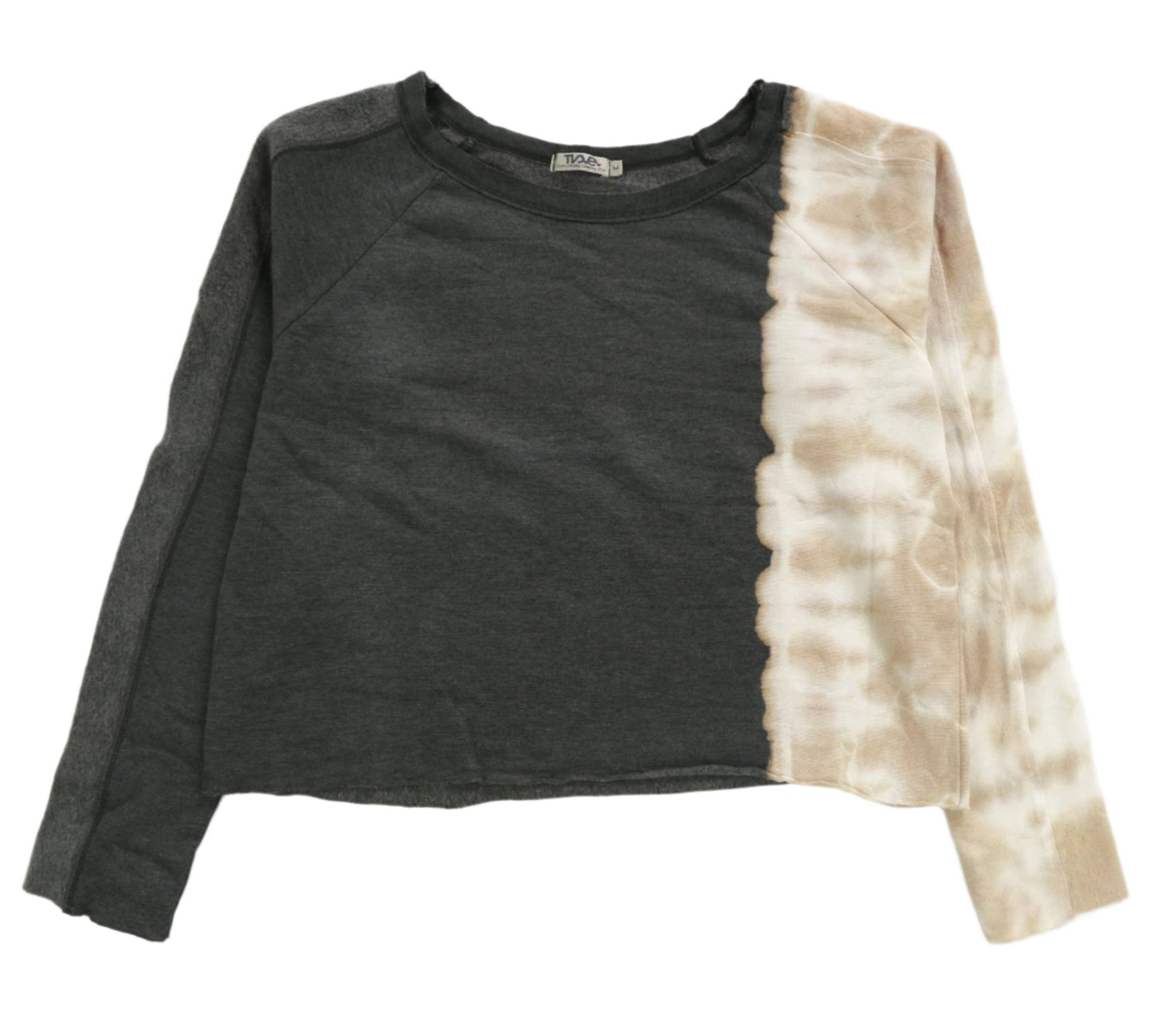 women's graphite gray and mocha tie-dye splotches on left side loose-fitting raglan fleece fabric long-sleeve shirt with reversed trim running down on sleeves