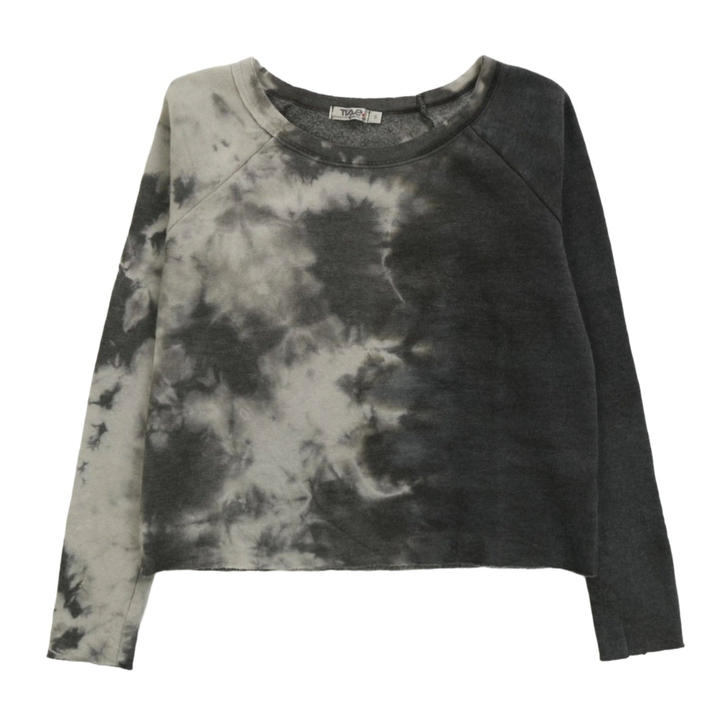 women's black tie-dye splotches on gray on right side and dark gray on left side loose-fitting raglan fleece fabric long-sleeve shirt