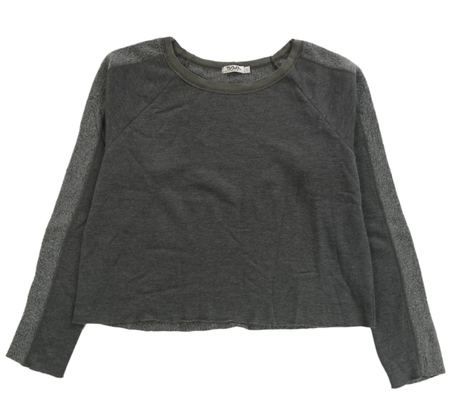 women's gray loose-fitting raglan fleece fabric long-sleeve shirt with reversed trim running down on sleeves