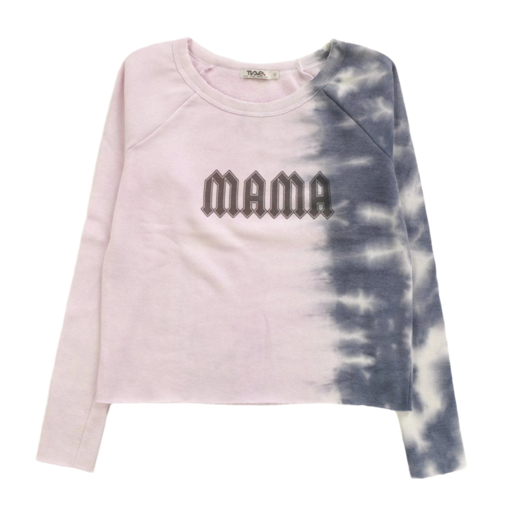 women's pink with blue splotchy tie-dye on the left sleeve and left side loose-fitting raglan fleece fabric long-sleeve shirt with "MAMA" graphic on front