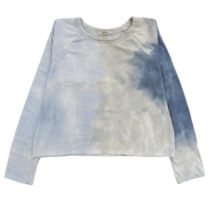 women's light-blue on left, gray down the middle, and navy blue on right tie-dye loose-fitting raglan fleece fabric long-sleeve shirt