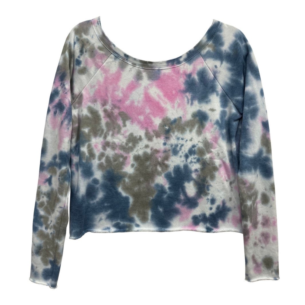 women's pink, gray, and denim blue tie-dye splatters on light gray loose-fitting raglan fleece fabric long-sleeve shirt