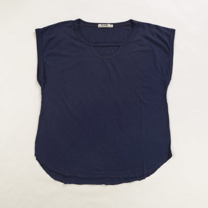 women's navy blue extremely short sleeve shirt with round bottom and half-circle keyhole under the neckline