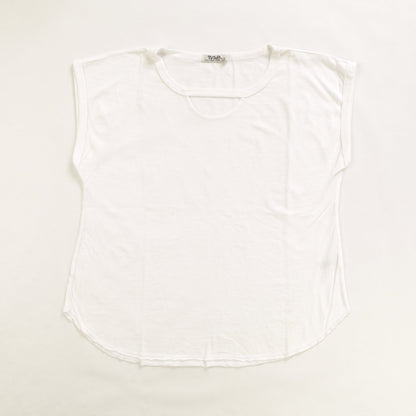 women's white extremely short sleeve shirt with round bottom and half-circle keyhole under the neckline