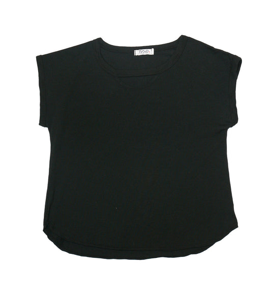 women's black extremely short sleeve shirt with round bottom and half-circle keyhole under the neckline