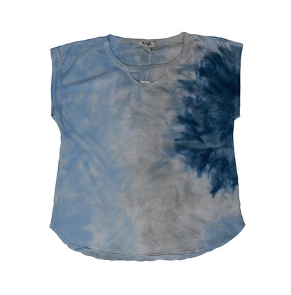 women's navy blue tie-dye on the right side, gray tie-dye in the middle, and light blue tie-dye on the right side extremely short sleeve shirt with round bottom and half-circle keyhole under the neckline