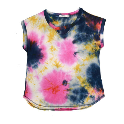 women's navy blue, pink, and yellow splotch tie-dye on white fabric extremely short sleeve shirt with round bottom and half-circle keyhole under the neckline