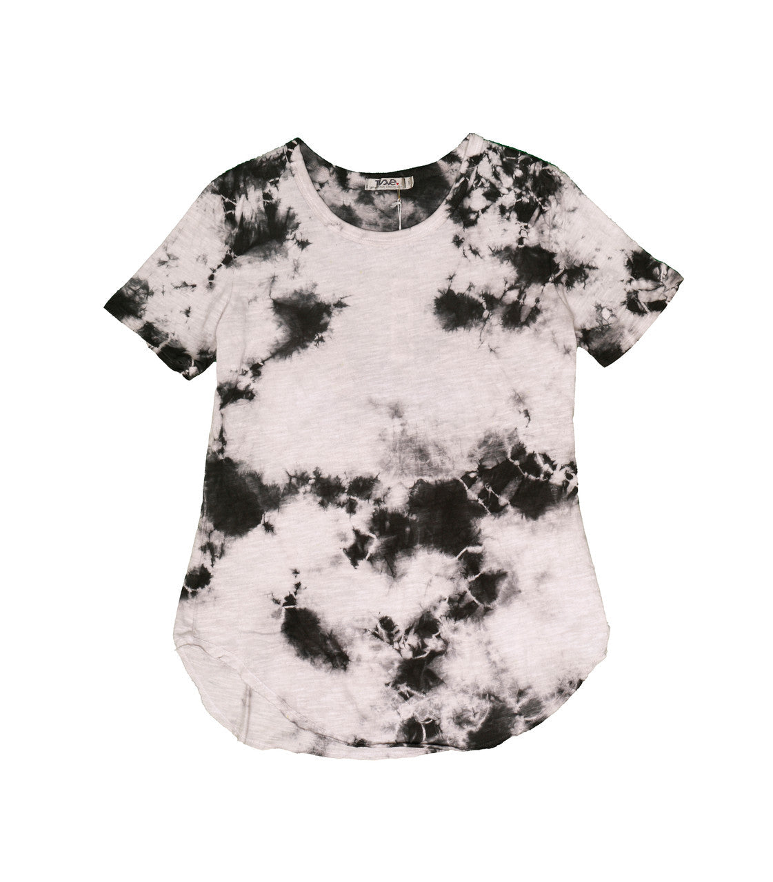 women's looser-fit tee with black splotches on white fabric short sleeves and long torso with round bottom