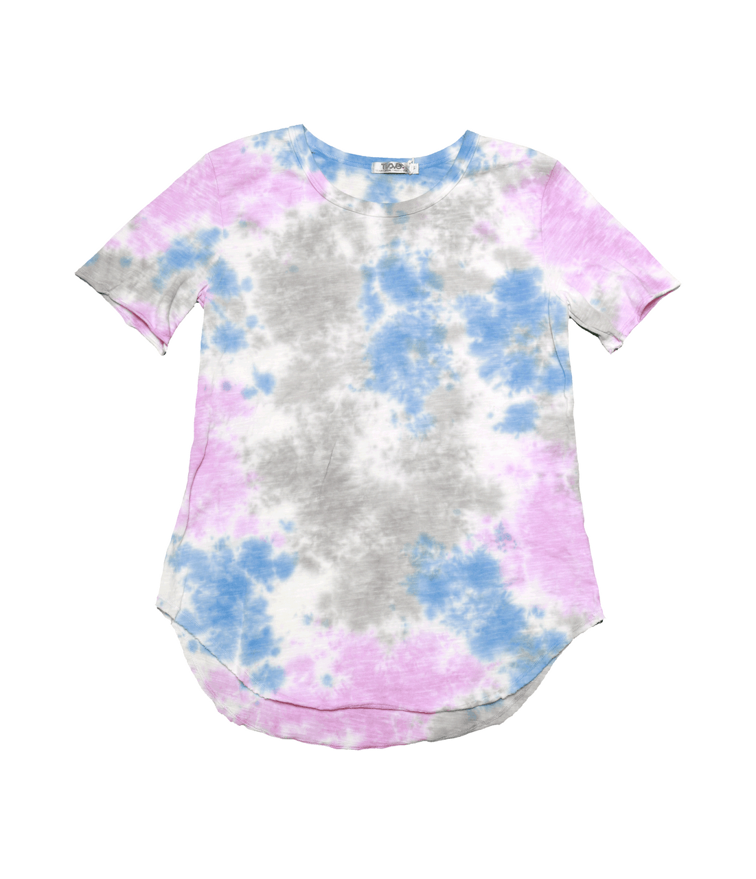 women's looser-fit tee with blue, gray, and pink splotches on white fabric short sleeves and long torso with round bottom