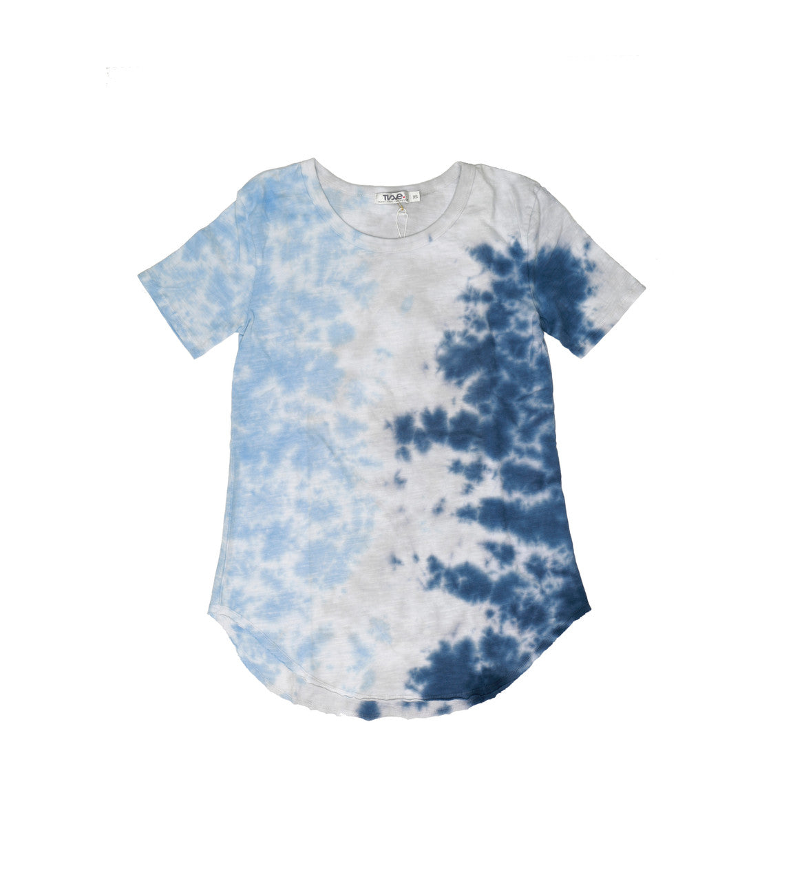 women's looser-fit tee in navy blue tie-dye on the right side, gray tie-dye in the middle, and light blue tie-dye on the right side short sleeves and long torso with round bottom