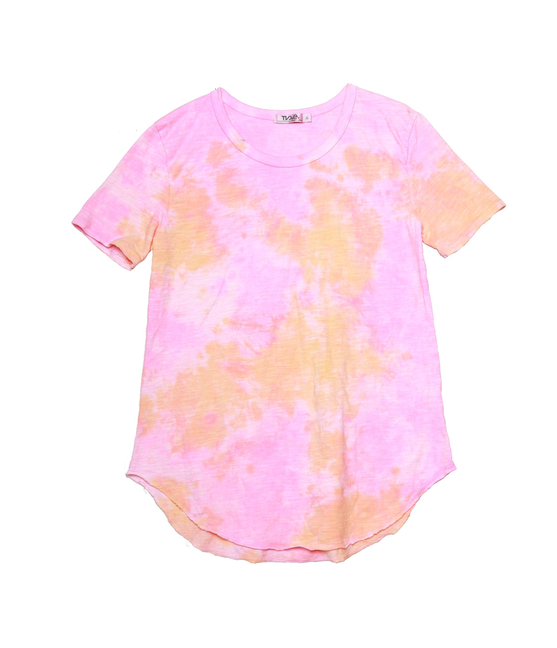 women's looser-fit tee in neon pink color with neon orange tie-dye splotches short sleeves and long torso with round bottom