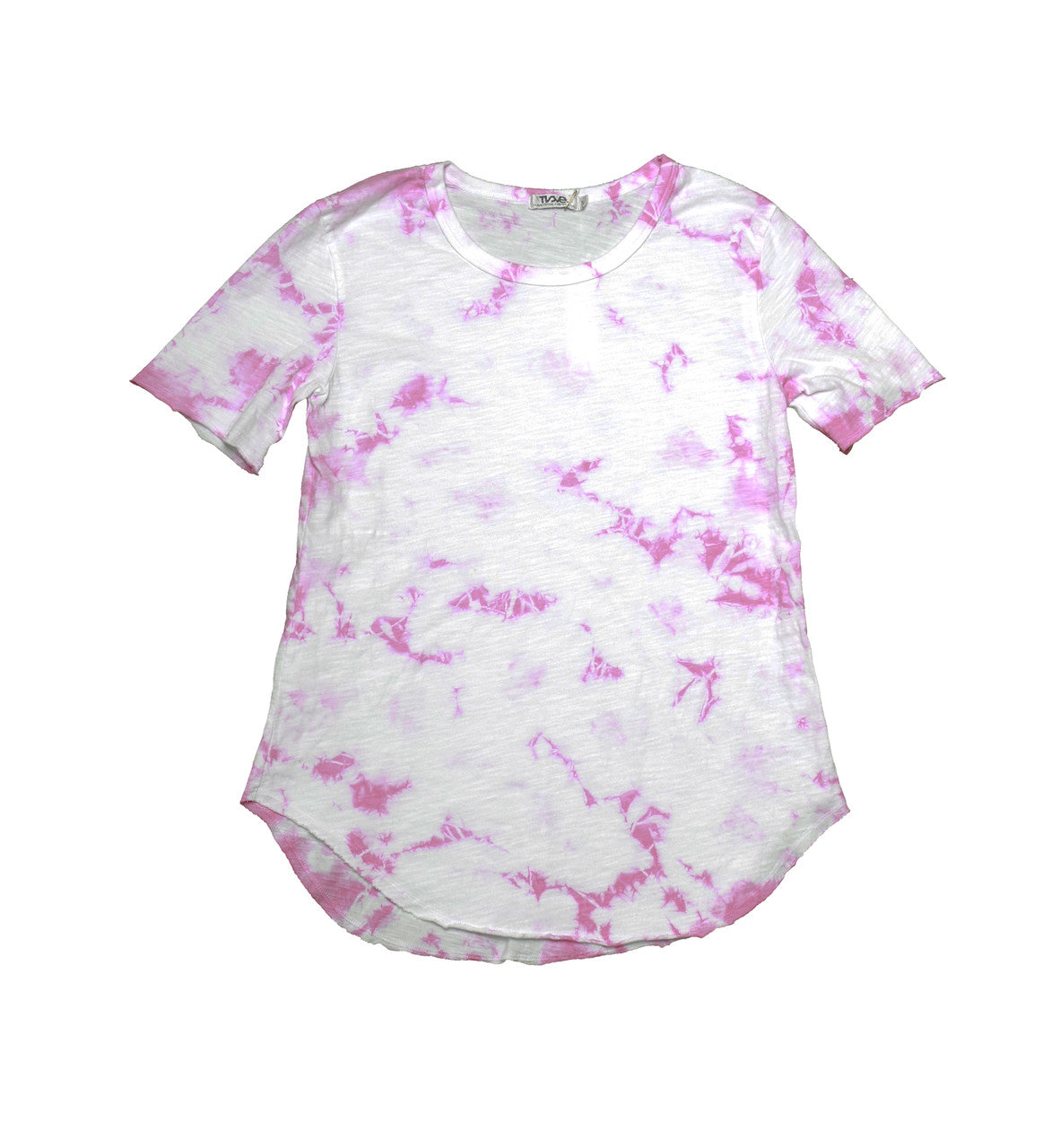 women's looser-fit tee with pink splotches on white fabric short sleeves and long torso with round bottom