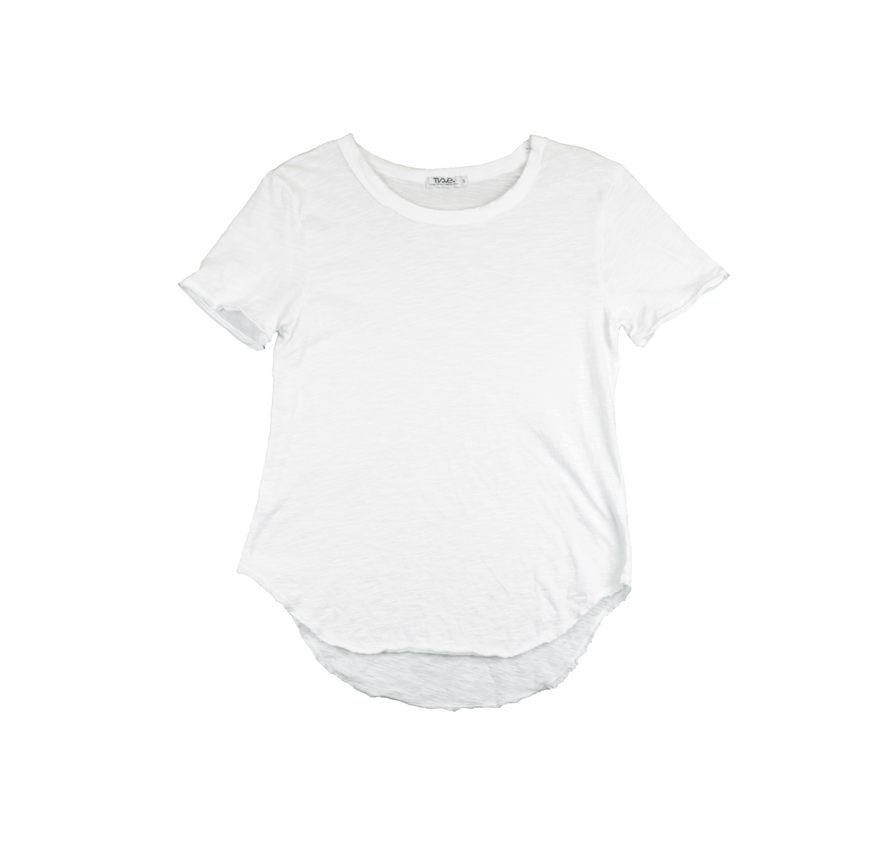 women's white looser-fit tee short sleeves and long torso with round bottom