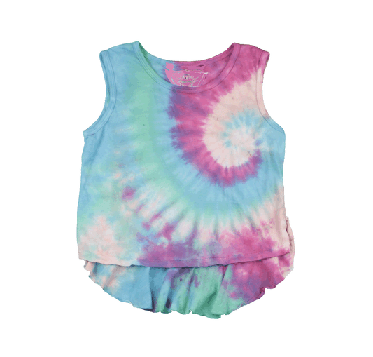 women's ruffle back loose-fitting tank with broad straps and blue, green, pink, and peach swirl tie-dye