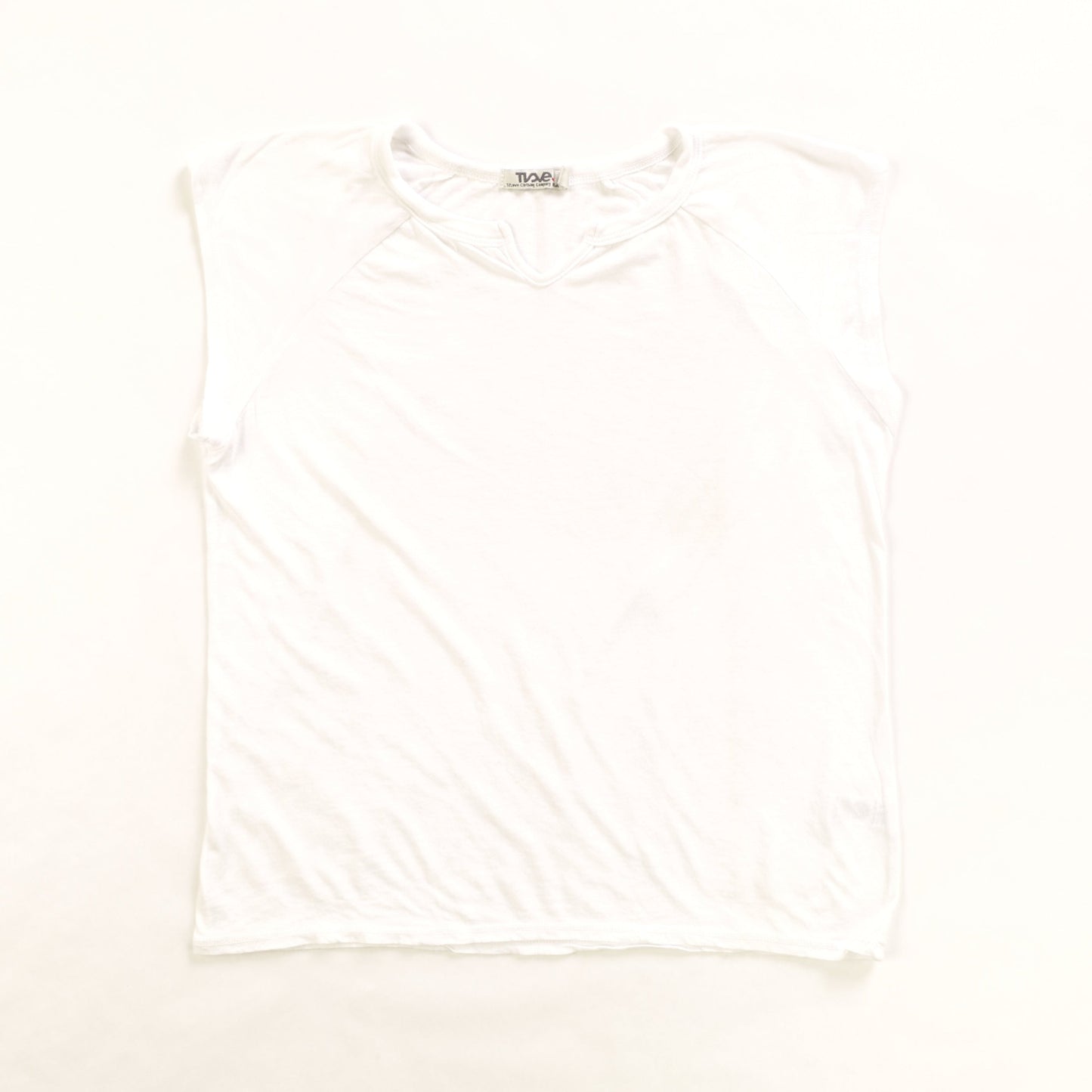 women's white tee with short torso and a v-shaped notch on the front of the neckline